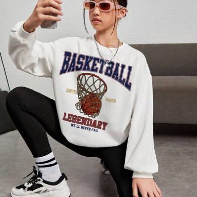 Teen Girls Basketball & Letter Graphic Drop Shoulder Sweatshirt