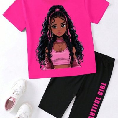 Teen Girls’ Casual Cartoon Character Printed Short Sleeve T-Shirt And Cycling Shorts 2pcs/Set For Summer