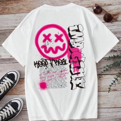Teen Girls’ Casual Cartoon Face Slogan Print Short Sleeve T-Shirt Suitable For Summer