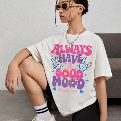 Teen Girls’ Casual Cartoon Letter Printed T-Shirt Suitable For Summer