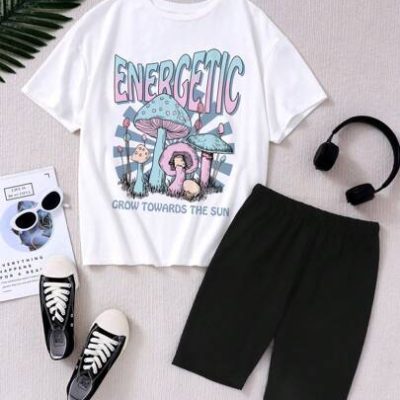 Teen Girls’ Casual Minimalist Mushroom Pattern Short Sleeve Round Neck T-Shirt And Shorts Two Piece Set For Summer