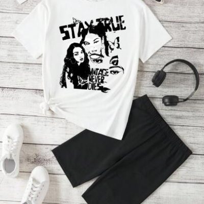 Teen Girls’ Casual Simple Portrait Pattern Short Sleeve Round Neck T-Shirt And Shorts 2pcs/Set Suitable For Summer