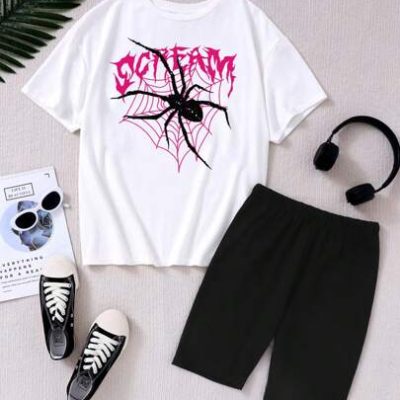 Teen Girls’ Casual Spider & Letter Print Short Sleeve Round Neck T-Shirt And Black Shorts 2pcs Set, For Summer