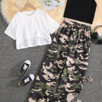 Teen Girls High Low Hem Top & Cami Top & Camo Print Pants