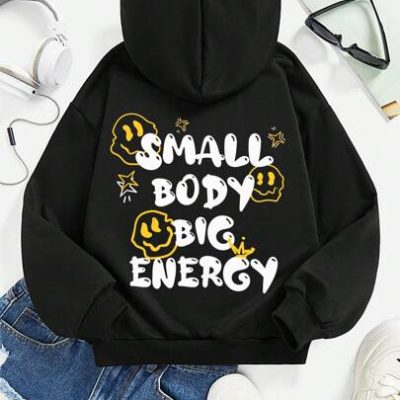 Teen Girls’ Loose Fit Casual Hoodie With Slogan Cartoon Print, Suitable For Autumn And Winter