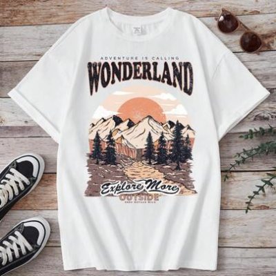 Teen Girls’ Loose Fit Casual Mountain & Letter Printed Short Sleeve T-Shirt For Summer