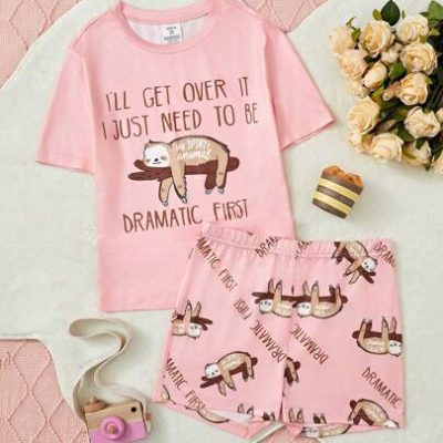 Teen Girls’ New Style Slouchy Sloth & Letter Printed Cozy Pajama Set