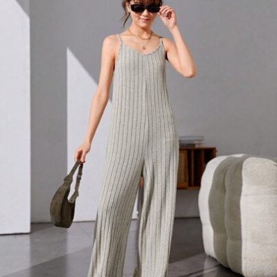 Teen Girls’ Solid Color Ribbed Knit Strappy Sleeveless Jumpsuit
