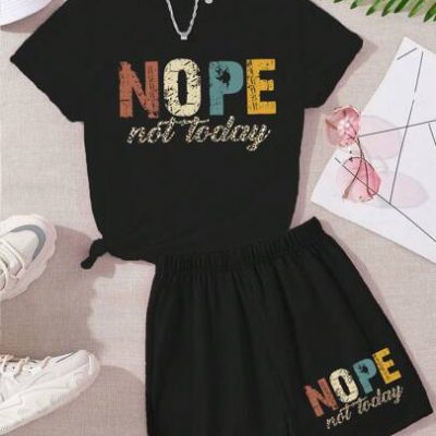 Teen Girls’ Summer Letter Printed Round Neck Short Sleeve T-Shirt And Shorts Casual Set