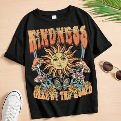 Teen Girls’ Sun & Slogan Graphic Tee, Suitable For Summer Daily Wear