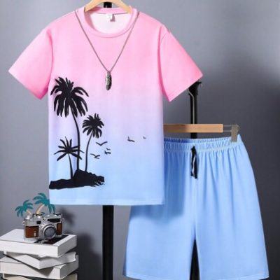 Teenage Boys’ Palm Tree Printed Ombre Short Sleeve T-Shirt And Shorts Set