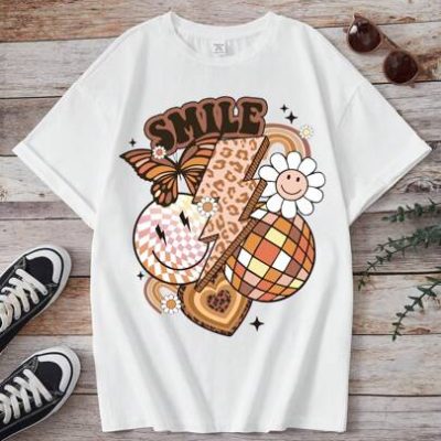 Teenage Girls’ Casual Simple Letter & Smiling Face Pattern Short Sleeve T-Shirt, Suitable For Summer