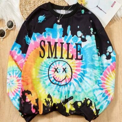 Teenage Girls’ Fun Letter Printed Long Sleeve Tie Dye Sweatshirt