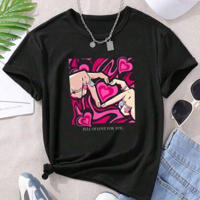 Teenage Girls’ Hand Gesture, Heart & Letter Print T-Shirt