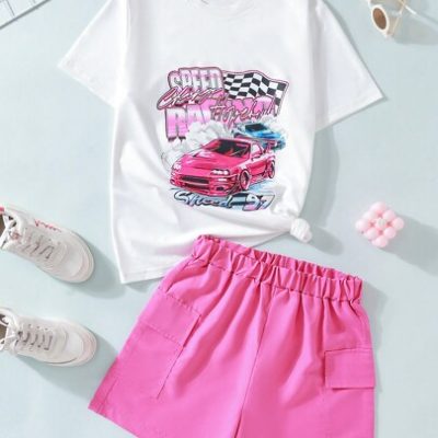 Teenage Girls’ Racing Print Short Sleeve T-Shirt And Shorts Set For Summer Casual Party