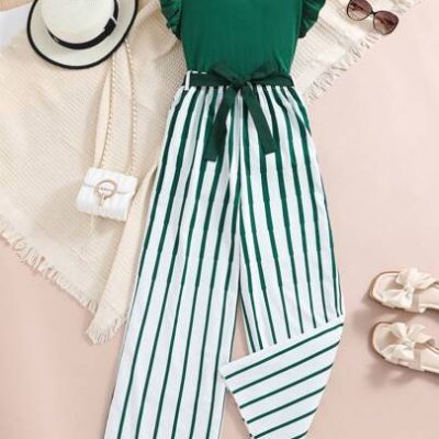 Teenage Girls’ Solid Color Ruffle Detailed Top And Striped Wide-Leg Pants