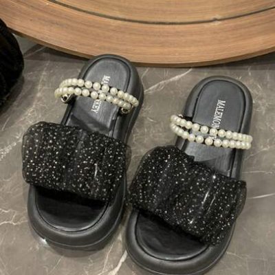 Teenagers Casual & Fashionable One-Elastic-Strap Pearl Decoration Flat Sandals