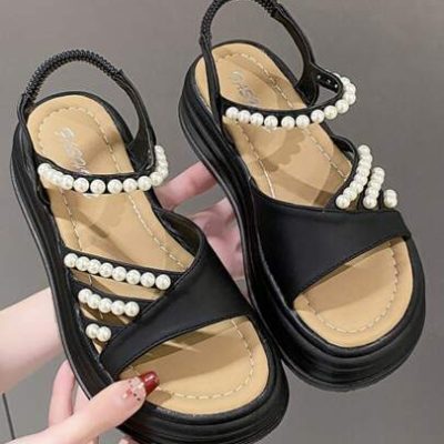 Teenagers Comfortable Slip-On Pearl Decor Fashionable Casual Flat Sandals