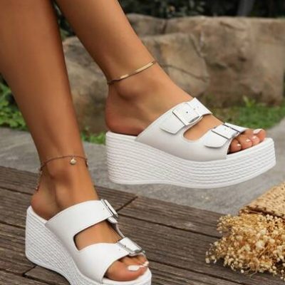 Teenagers Grass-Weaving Style Summer Fashionable Simple Wedge Heel Thick Bottom Sandals, Lightweight And Comfortable