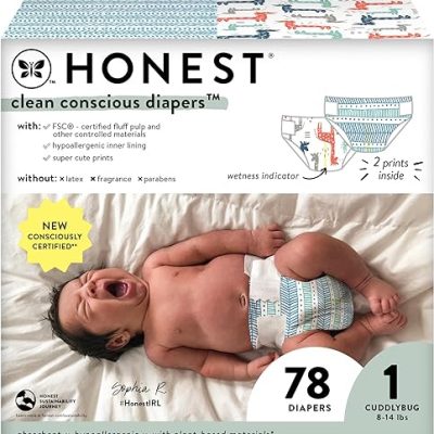 The Honest Company Clean Conscious Diapers | Plant-Based, Sustainable | Dots & Dashes + Multi-Colored Giraffes | Club Box, Size 1 (8-14 lbs), 78 Count