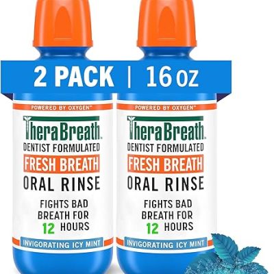 TheraBreath Fresh Breath Mouthwash, Icy Mint Flavor, Alcohol-Free, 16 Fl Oz (Pack of 2)