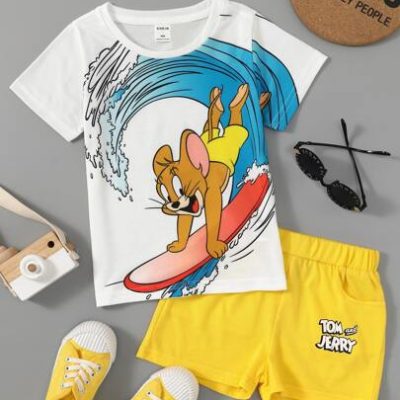 TOM & JERRY X SHEIN Young Boy Cartoon Graphic Tee With Track Shorts