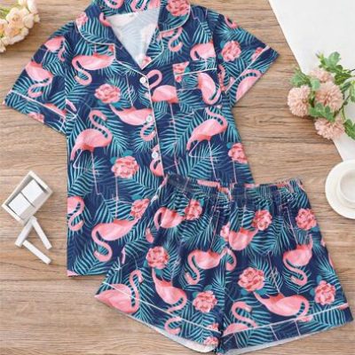 Tropical Plant And Flamingo Print Shirt Collar Short Sleeve Top And Loose Shorts Pajama Set