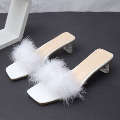 Turkey Feather Clear Heeled Mule Sandals