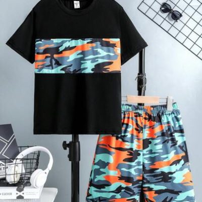 Tween Boy 2pcs/Set Casual Camouflage Splicing Short Sleeve T-Shirt And Camo Printed Shorts Outfit For Summer