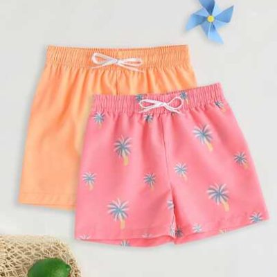 Tween Boy 2pcs Tropical Print Drawstring Swim Shorts