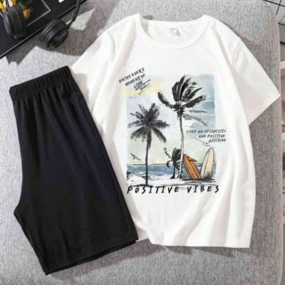 Tween Boy Casual Coconut Tree & Scenery Pattern Round Neck Short Sleeve T-Shirt And Shorts Set For Summer