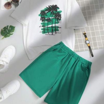 Tween Boy Casual Tropical Print Tee & Elastic Waist Shorts