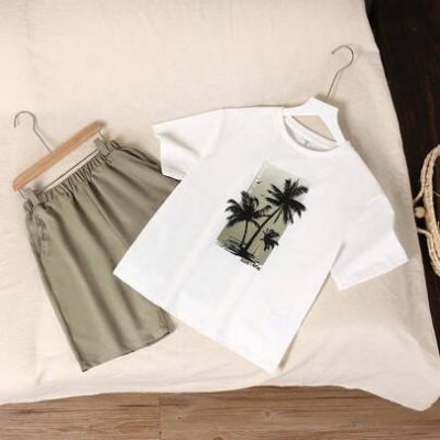 Tween Boy Tropical Coconut Tree Printed Loose Fit Knitted Short Sleeve Top And Solid Woven Shorts Set For Summer Vacation