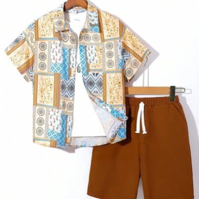 Tween Boys’ Casual Holiday Style Printed Short Sleeve Shirt With Turn-Down Collar & Solid Color Woven Shorts Set, Summer