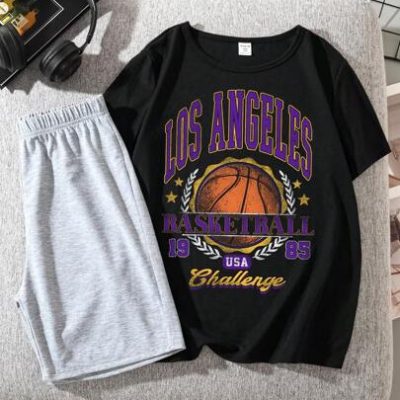 Tween Boys’ Casual Simple Basketball Print Round Neck Short Sleeve Top And Shorts 2pcs/Set Suitable For Summer