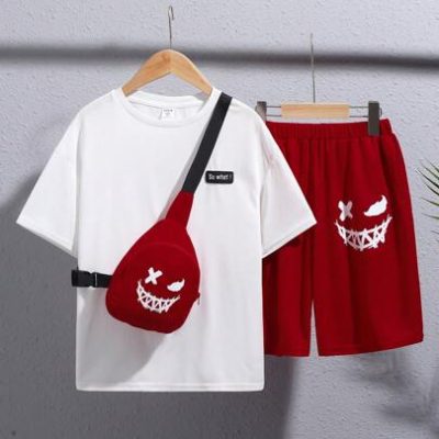 Tween Boys’ Casual Street Fashion Slogan Patch Round Neck Pullover Short-Sleeved Top Solid Color Shorts With Cross-Body Bag Three-Piece Set