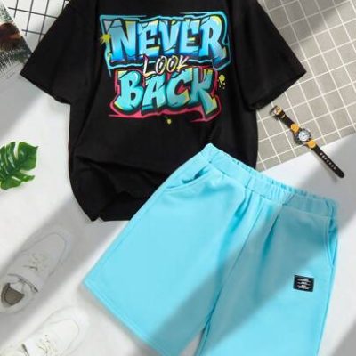 Tween Boys’ Casual Street Graffiti Letter Print Round Neck Loose Fit T-Shirt With Solid Color Knitted Shorts Set