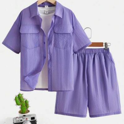 Tween Boys’ Casual Vacation Style Solid Color Turn-Down Collar Short Sleeve Shirt And Shorts, Woven 2pcs Set