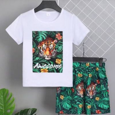 Tween Boys’ Tiger & Plant Print Short Sleeve T-Shirt And Shorts Set For Summer