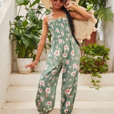 Tween Girl Casual Summer Vacation Floral Print Spaghetti Strap Jumpsuit