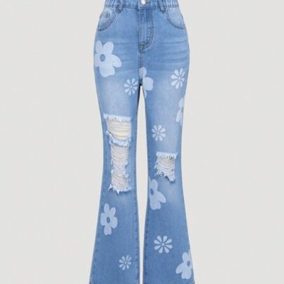 Tween Girl Floral Print Ripped Flare Leg Jeans