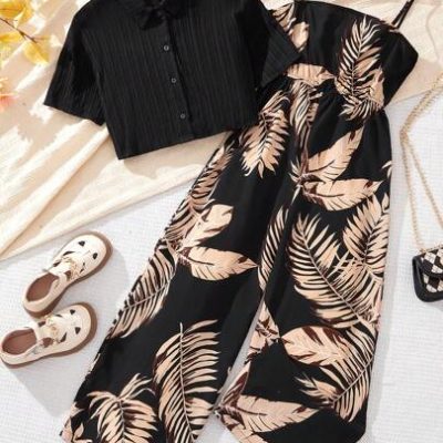 Tween Girl Solid Plisse Blouse And Tropical Print Cami Jumpsuit Two-Piece Set