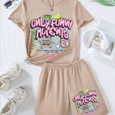 Tween Girls Cartoon Slogan Print Short Sleeve Casual T-Shirt And Shorts 2pcs/Set For Summer