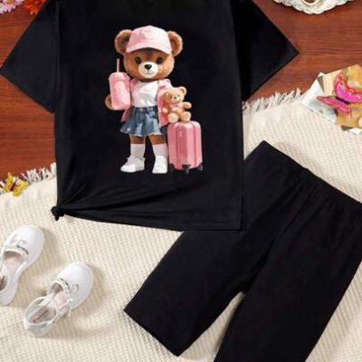 Tween Girls’ Casual Cartoon Printed T-Shirt And Slim Fit Shorts Set, Suitable For Summer