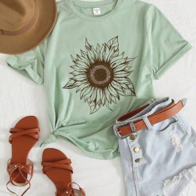 Tween Girls’ Casual Sunflower Pattern Short Sleeve T-Shirt With Simple Style, Suitable For Summer