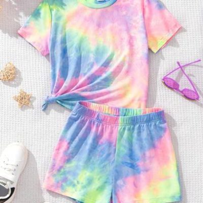 Tween Girl’s Casual Tie-Dye Pattern Short Sleeve T-Shirt And Shorts Set For Summer