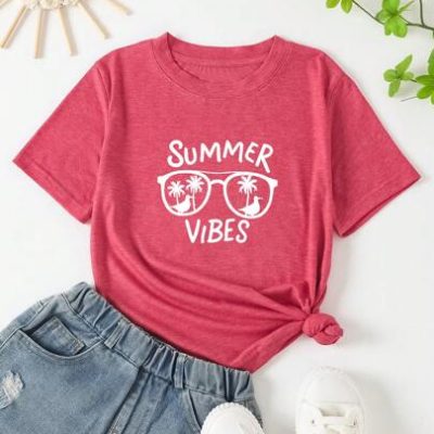 Tween Girls’ Letter And Palm Tree Printed Round Neck Short Sleeve T-Shirt