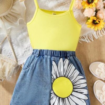 Tween Girl’s Yellow Spaghetti Strap Tank Top And Floral Printed Denim Shorts