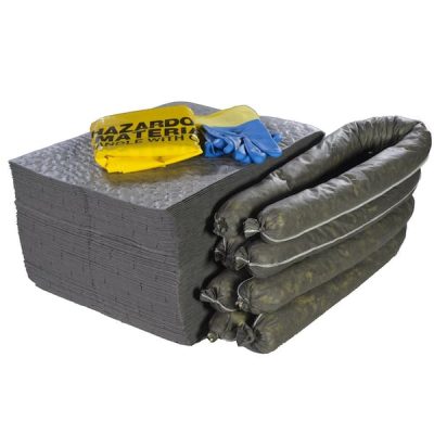 Universal Spill Kit Essentials: 100 Heavy Duty Pads, 4 – 4′ Spill Socks, Hazardous Disposal Bags, and Gloves