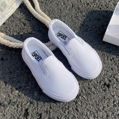White Baby/Parent-Child Sneakers Mid-Cut Canvas Shoes, Korean Style, Simple, High/Low-Cut, Classic, Casual, Sports, Slip-On, Children’s Dancing Shoes